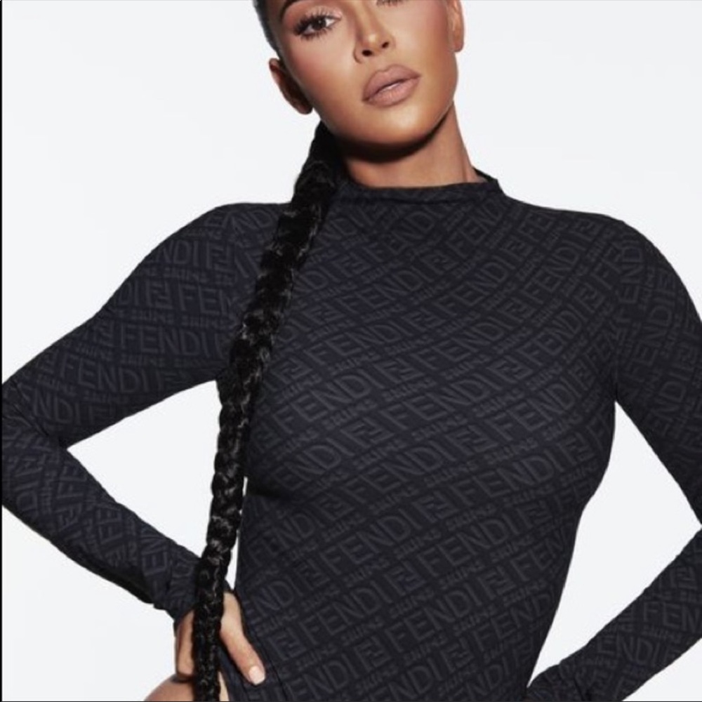Fendi X Skims Mock Neck Long Sleeve Logo Bodysuit in Black , Size M